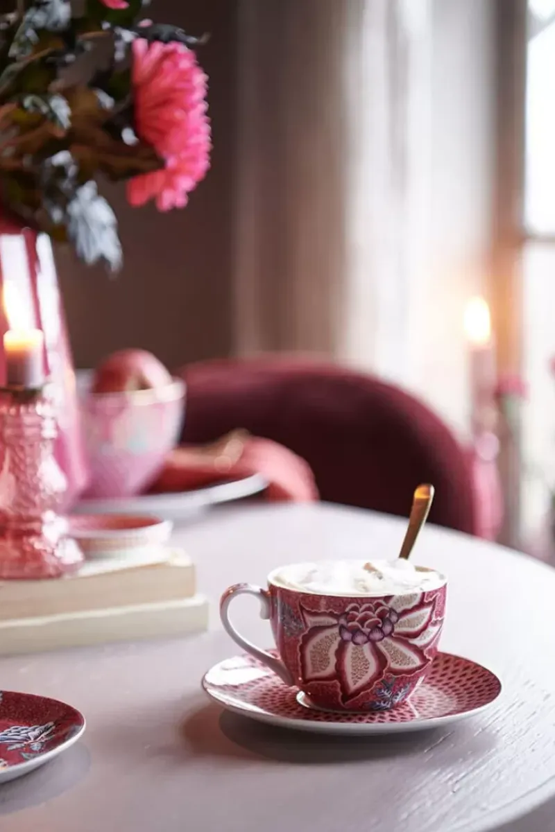 Flower Festival Set/2 Cappuccino Kop & Schotel Donkerroze<Pip Studio Outlet