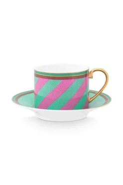 Pip Chique Stripes Cappuccino Kop & Schotel Roze/Groen<Pip Studio Discount