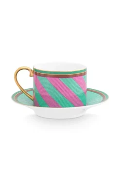 Pip Chique Stripes Cappuccino Kop & Schotel Roze/Groen<Pip Studio Discount